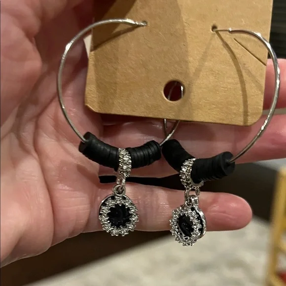 Silver and Black Hoop Earrings - Picture 2 of 4